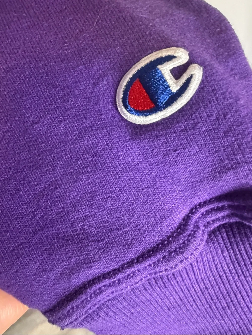 Champion Purple Crewneck Sweatshirt with Stitched Chest Logo, Sleeve Patch